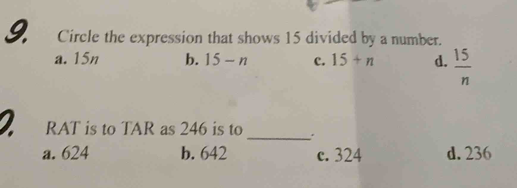 9. circle the expression that shows 15 divided by a number. a. 15n b. 1…