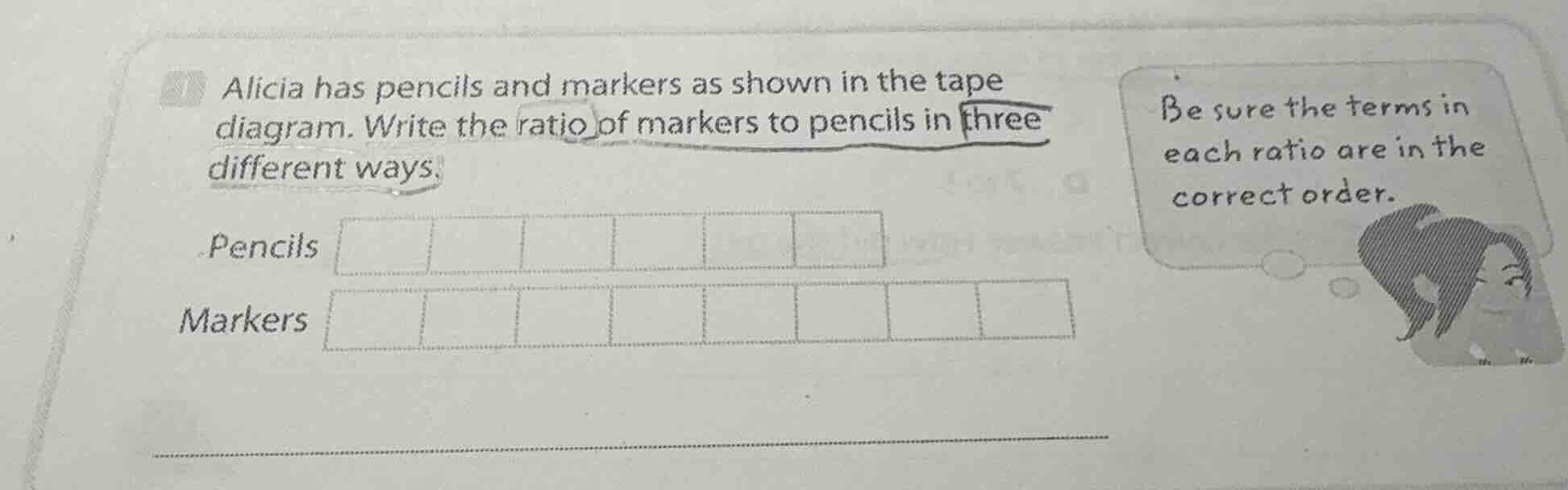 alicia has pencils and markers as shown in the tape diagram. write the …