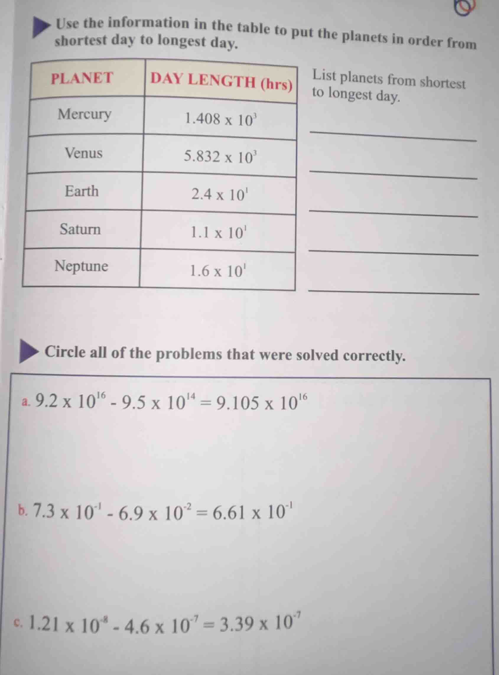 use the information in the table to put the planets in order from short…
