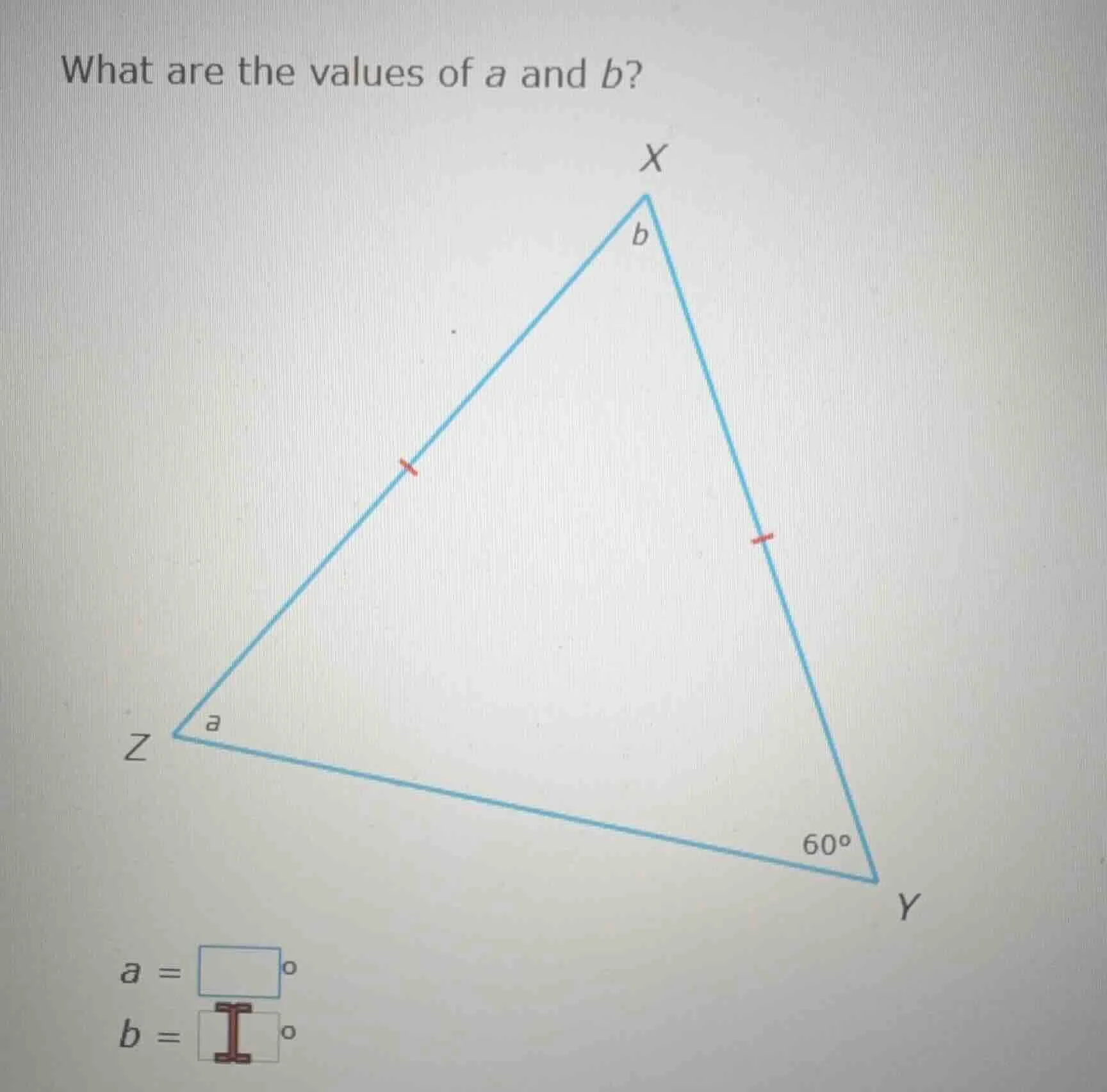 what are the values of a and b? (there is a triangle xyz with two sides…