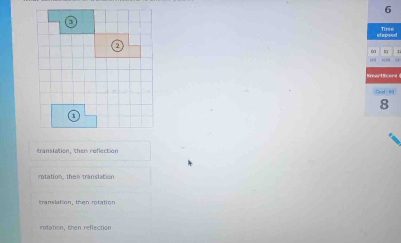 1. translation, then reflection 2. rotation, then translation 3. transl…