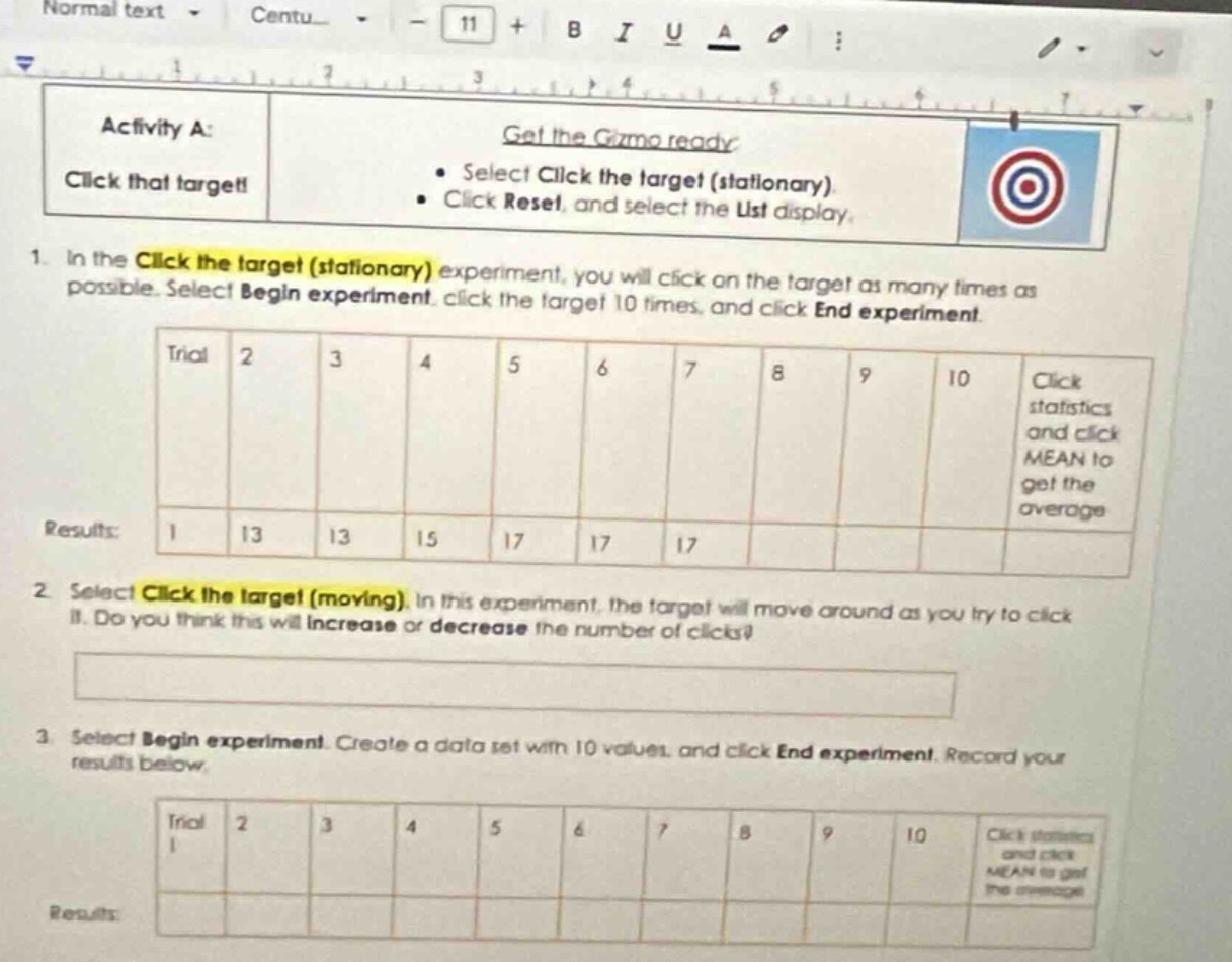 activity a: click that target! get the gizmo ready - select click the t…