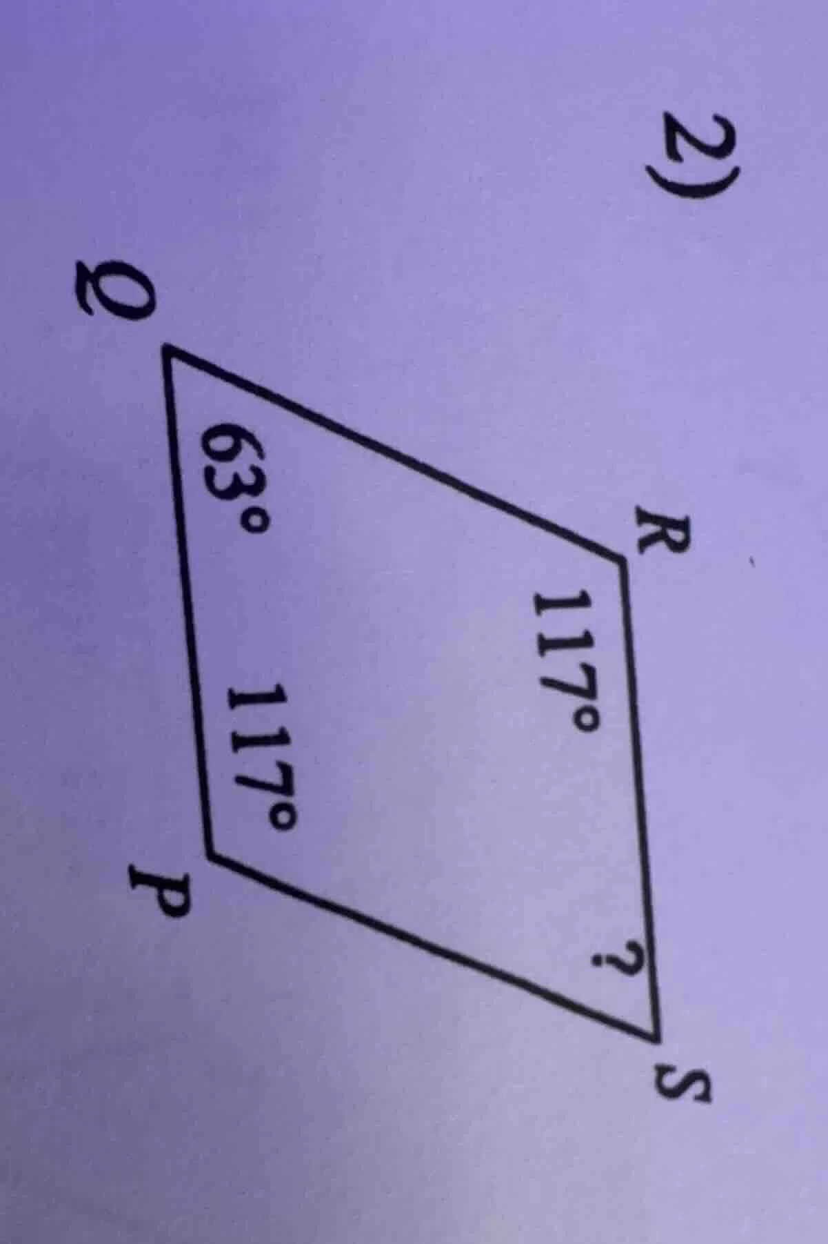 2) there is a quadrilateral pqrs, with angle at q being 63°, angle at p…