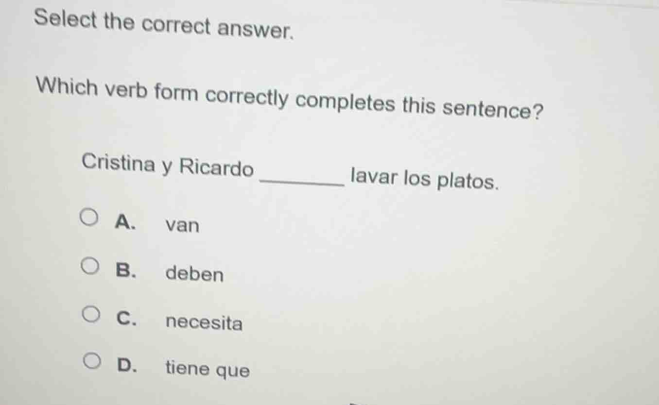 select the correct answer. which verb form correctly completes this sen…