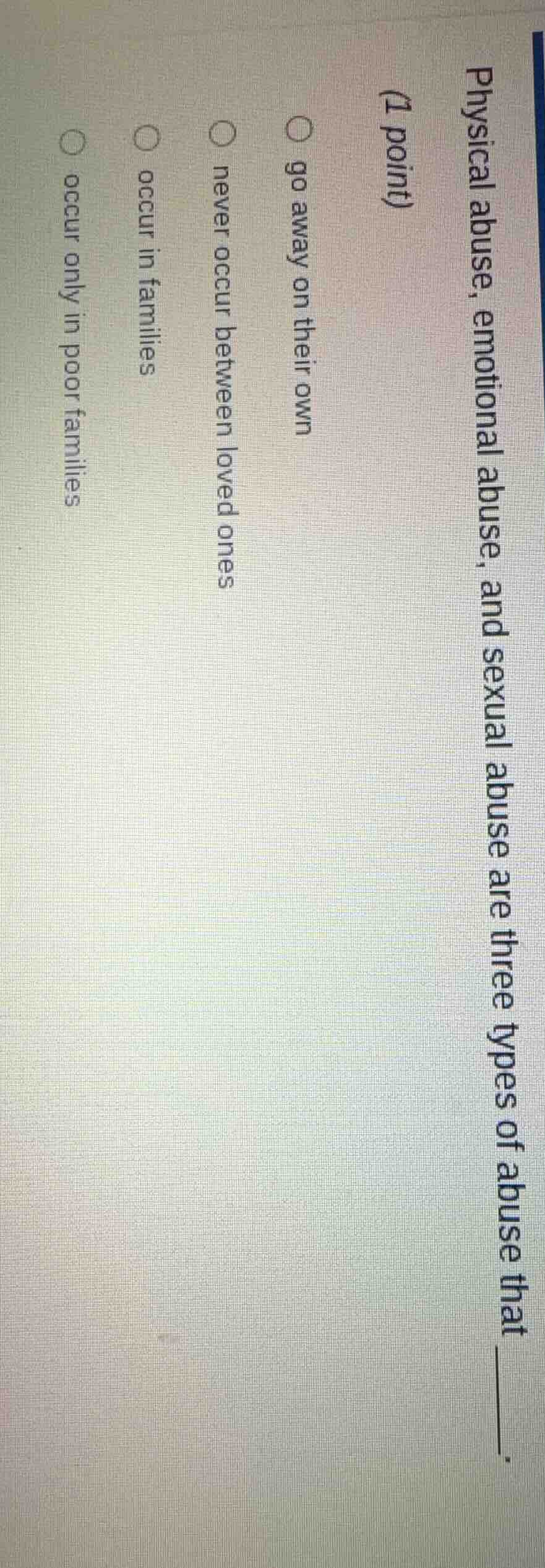 physical abuse, emotional abuse, and sexual abuse are three types of ab…