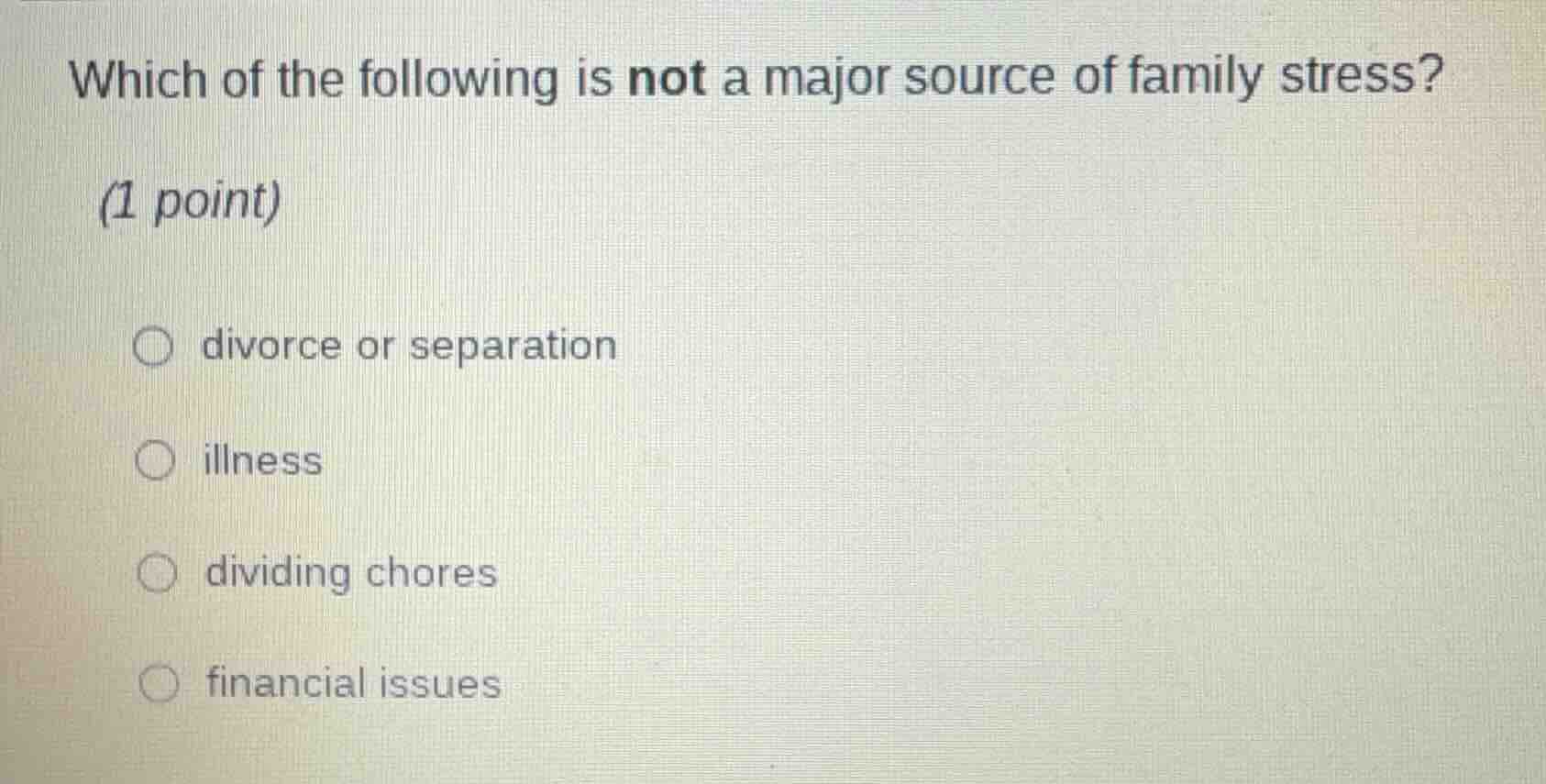 which of the following is not a major source of family stress? (1 point…