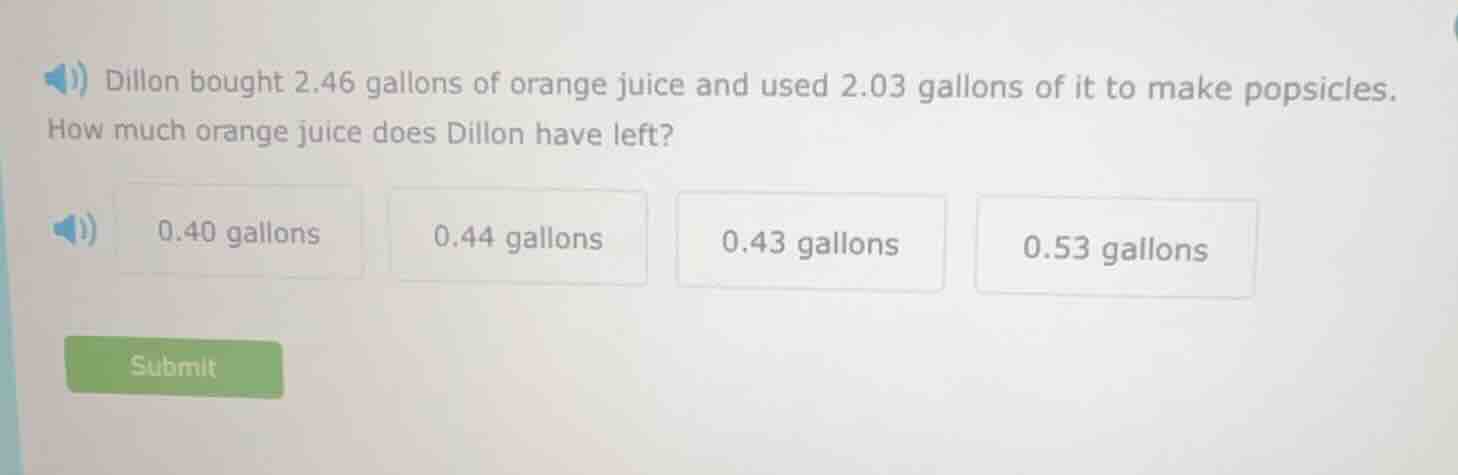 dillon bought 2.46 gallons of orange juice and used 2.03 gallons of it …