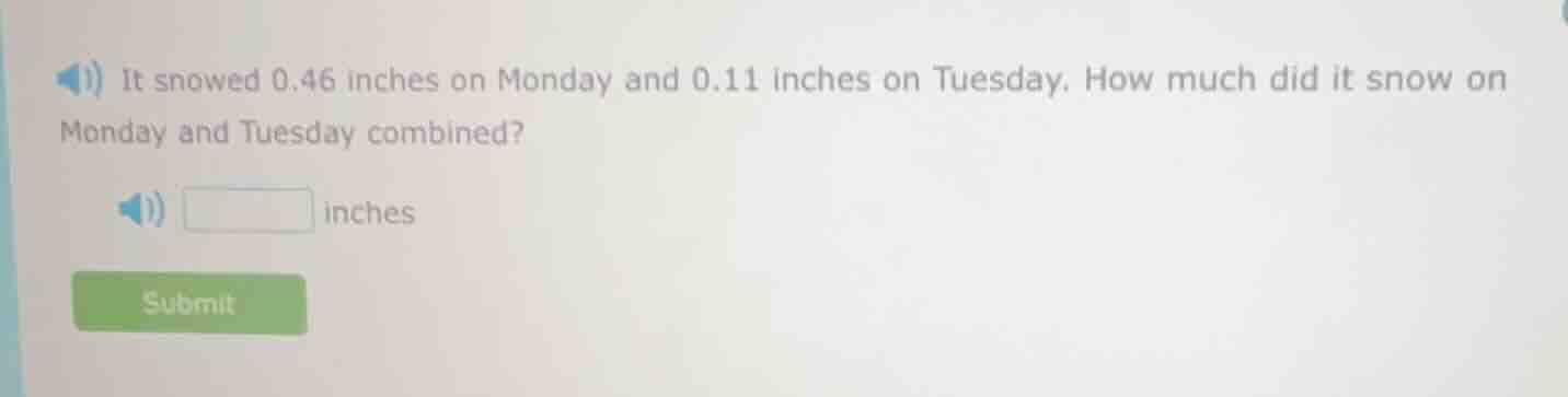 it snowed 0.46 inches on monday and 0.11 inches on tuesday. how much di…