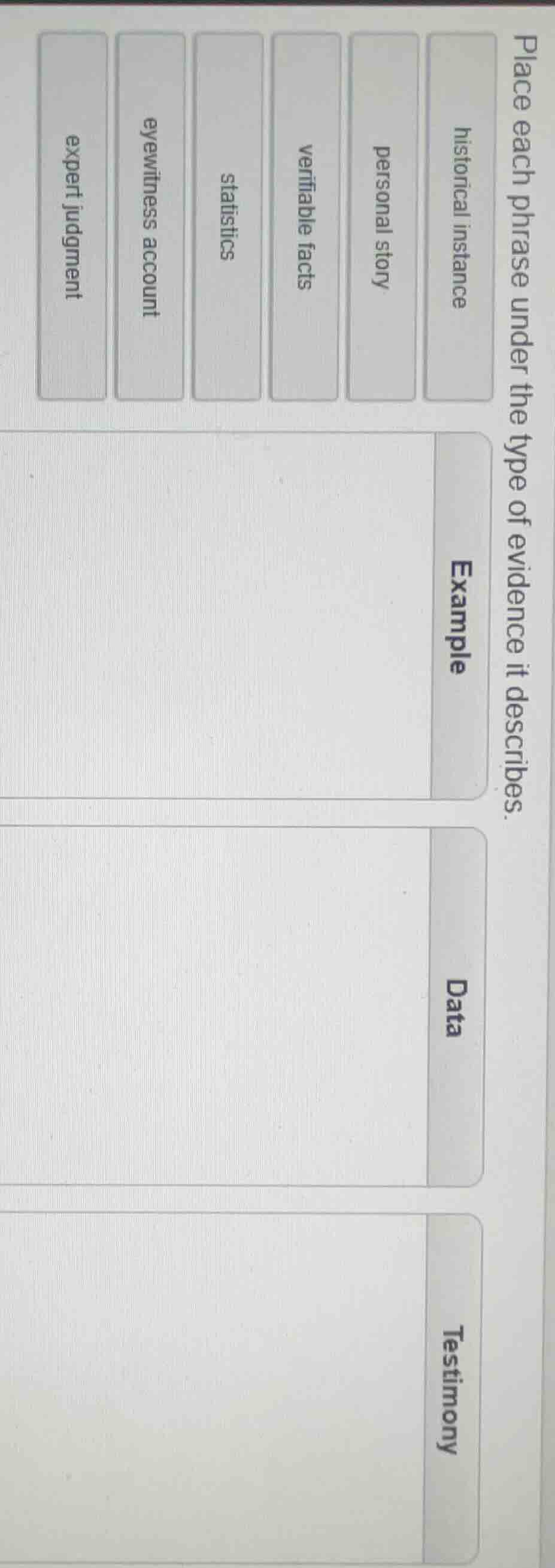 place each phrase under the type of evidence it describes. historical i…