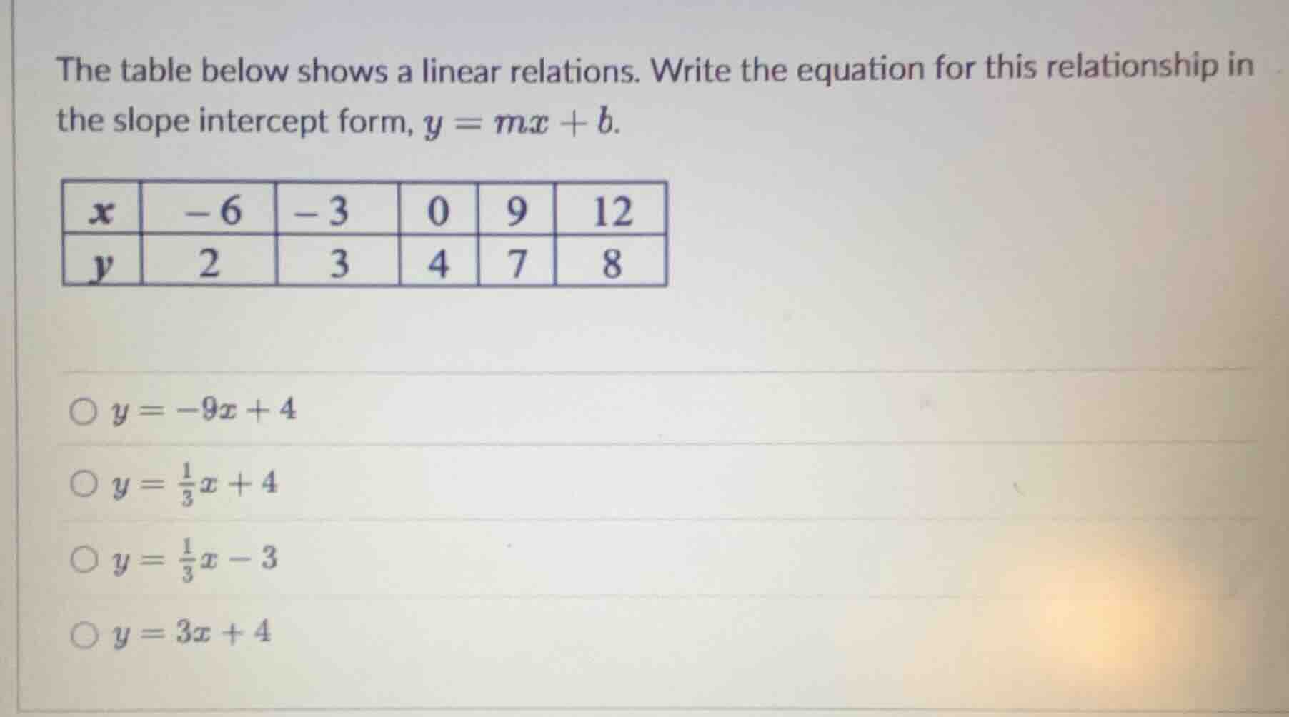 the table below shows a linear relations. write the equation for this r…