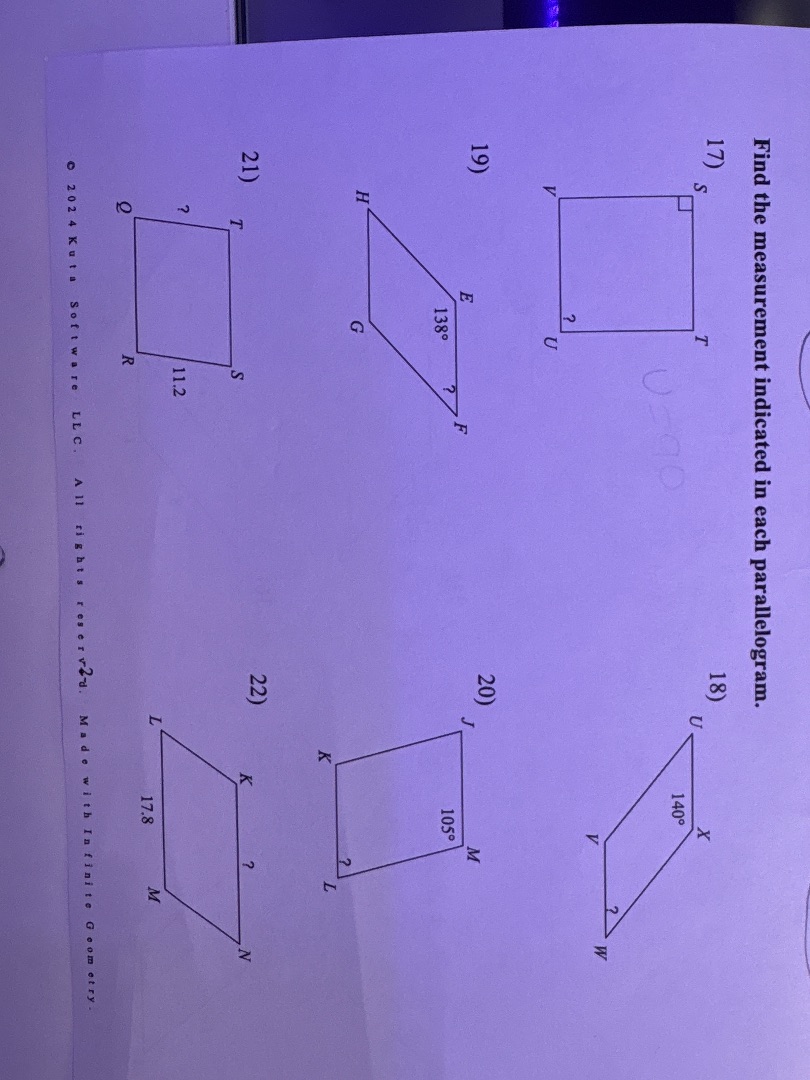 find the measurement indicated in each parallelogram. 17) \\begin{tikzp…