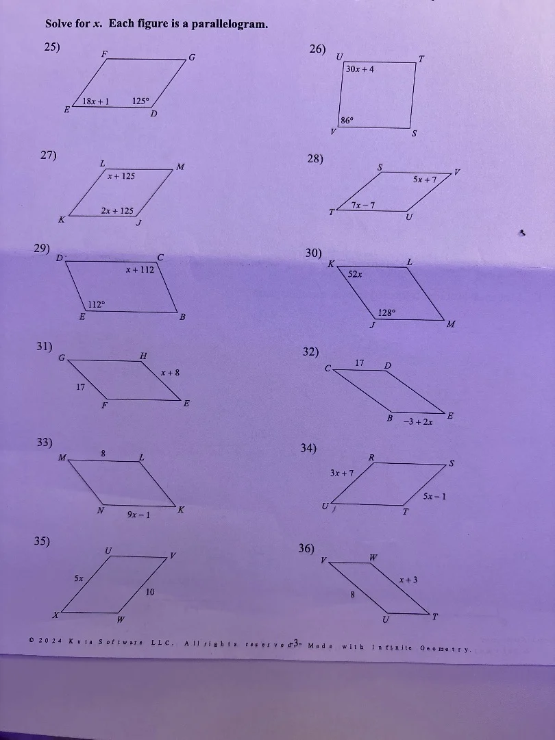 solve for x. each figure is a parallelogram. 25) f g e 18x + 1 125° d 2…