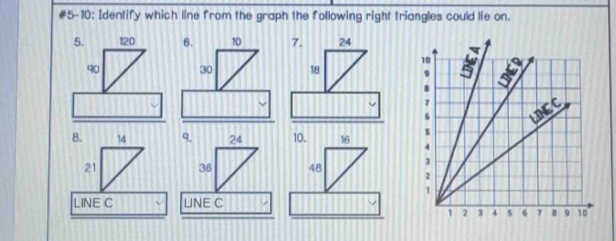 #5-10: identify which line from the graph the following right triangles…