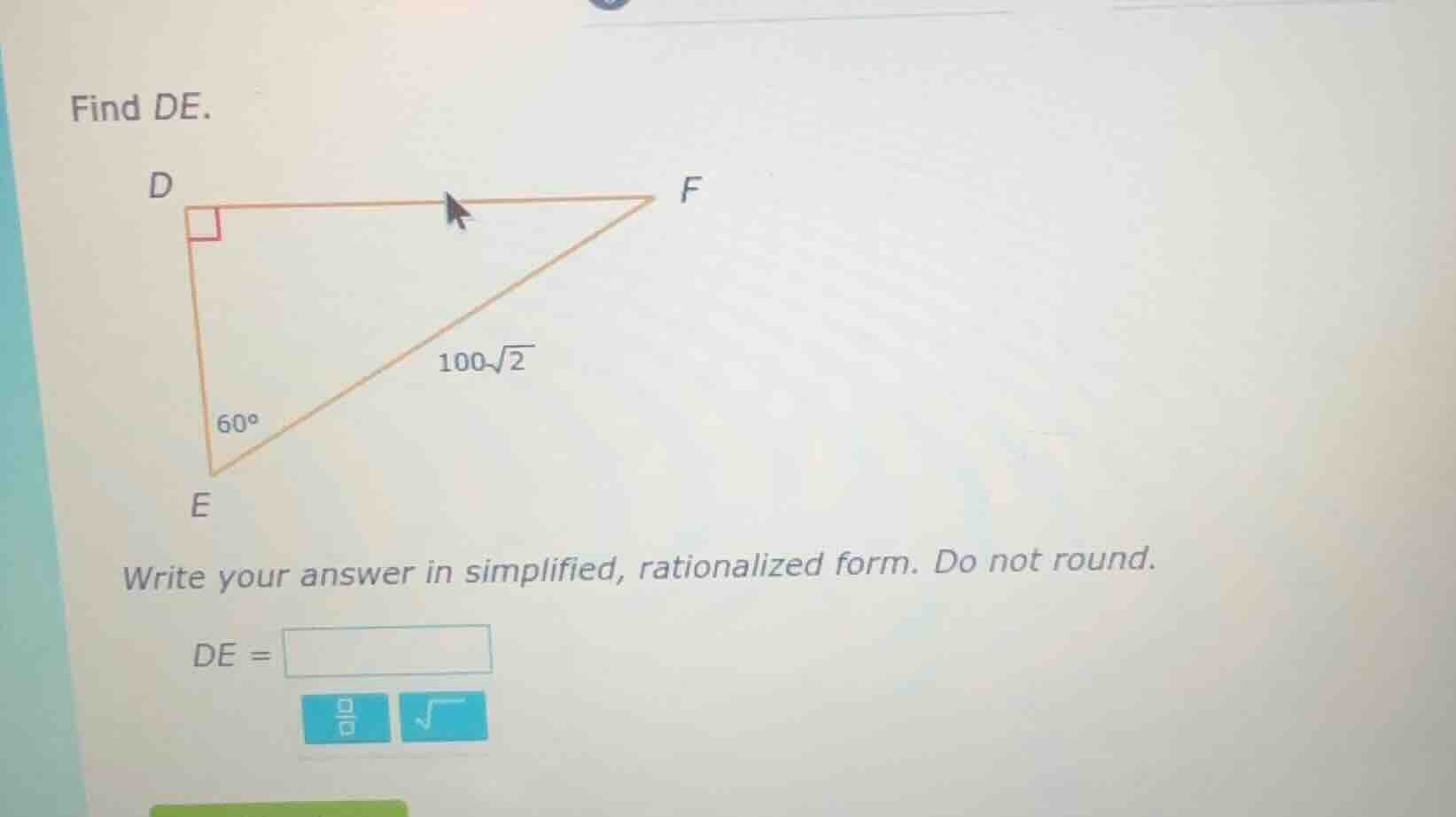 find de. (there is a right triangle def with right angle at d, angle at…