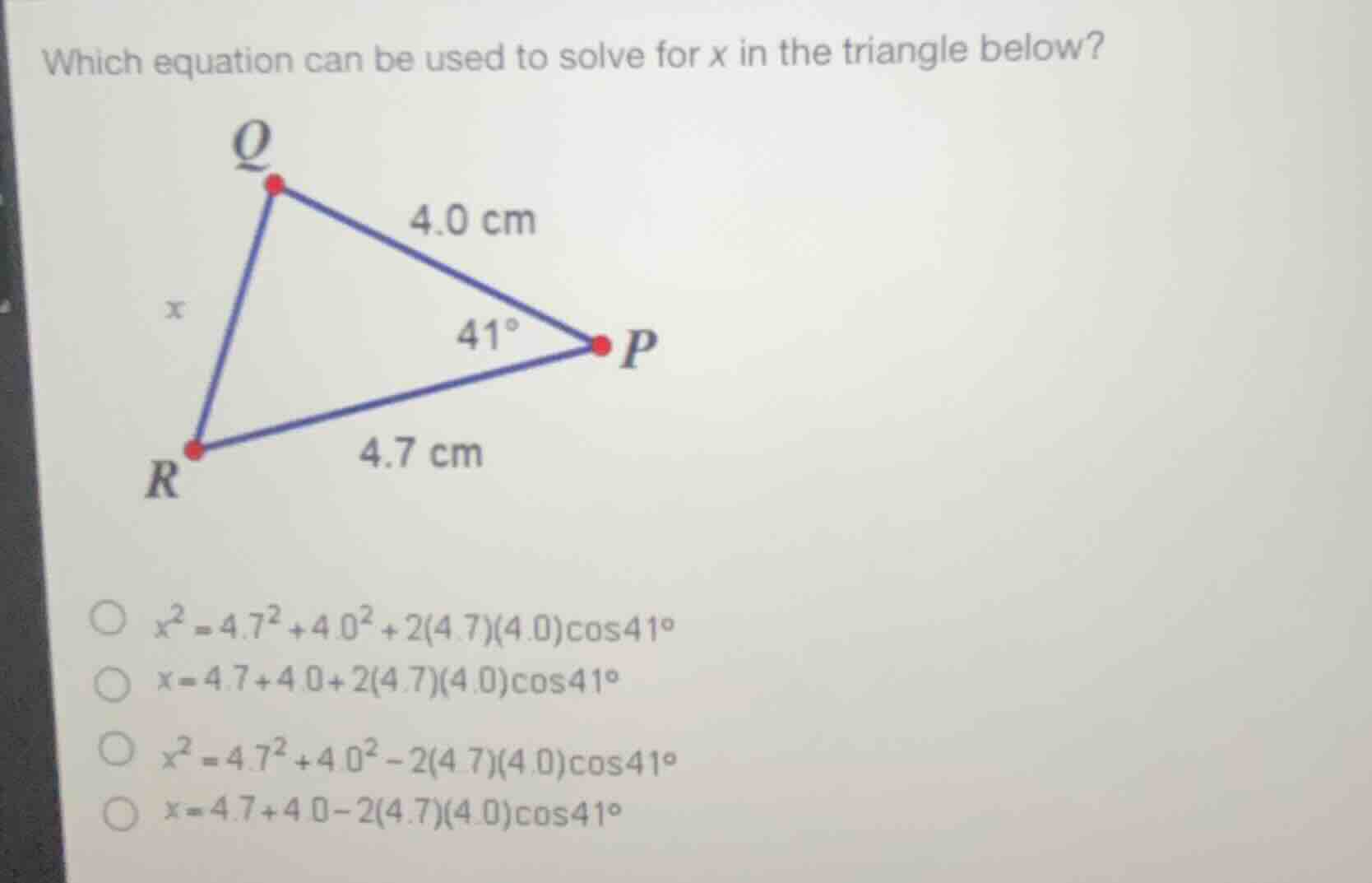 which equation can be used to solve for x in the triangle below? triang…
