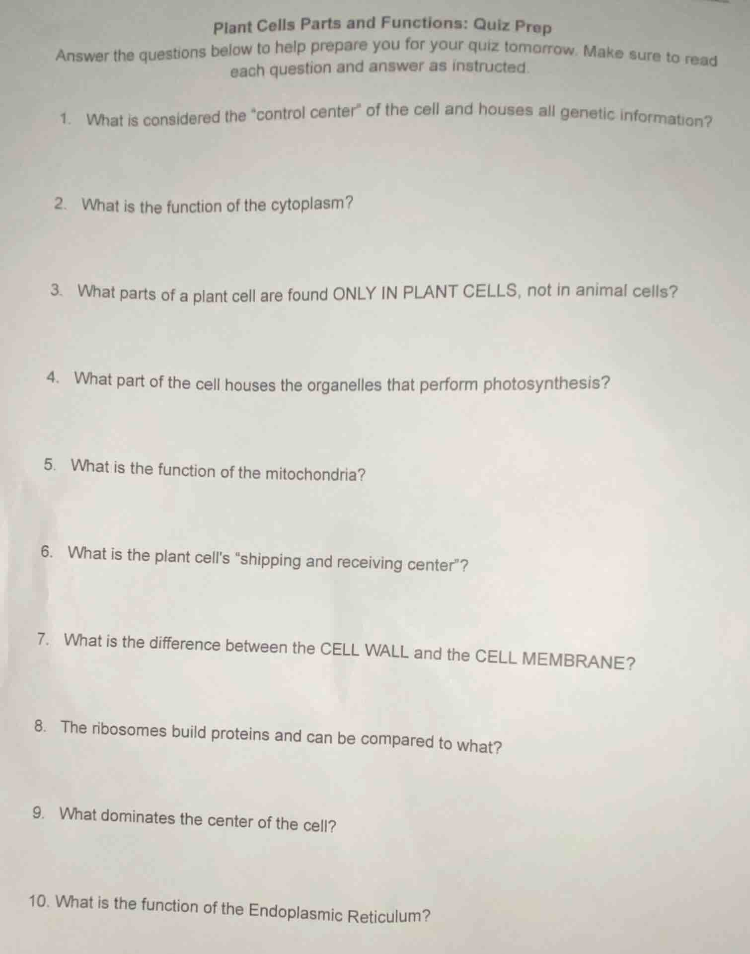 plant cells parts and functions: quiz prep answer the questions below t…