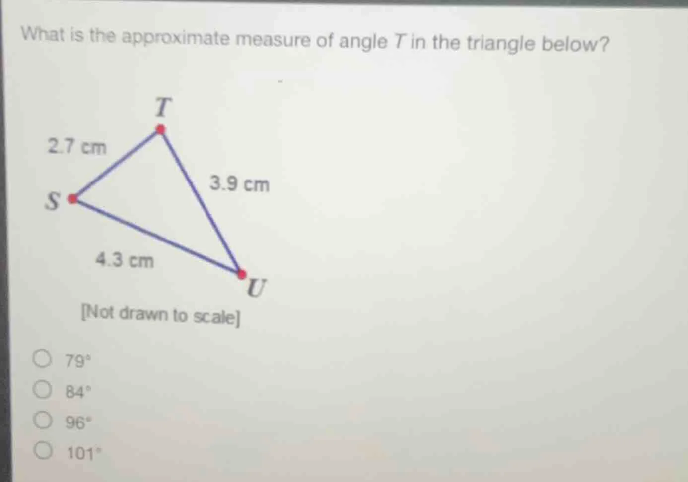 what is the approximate measure of angle t in the triangle below? t 2.7…