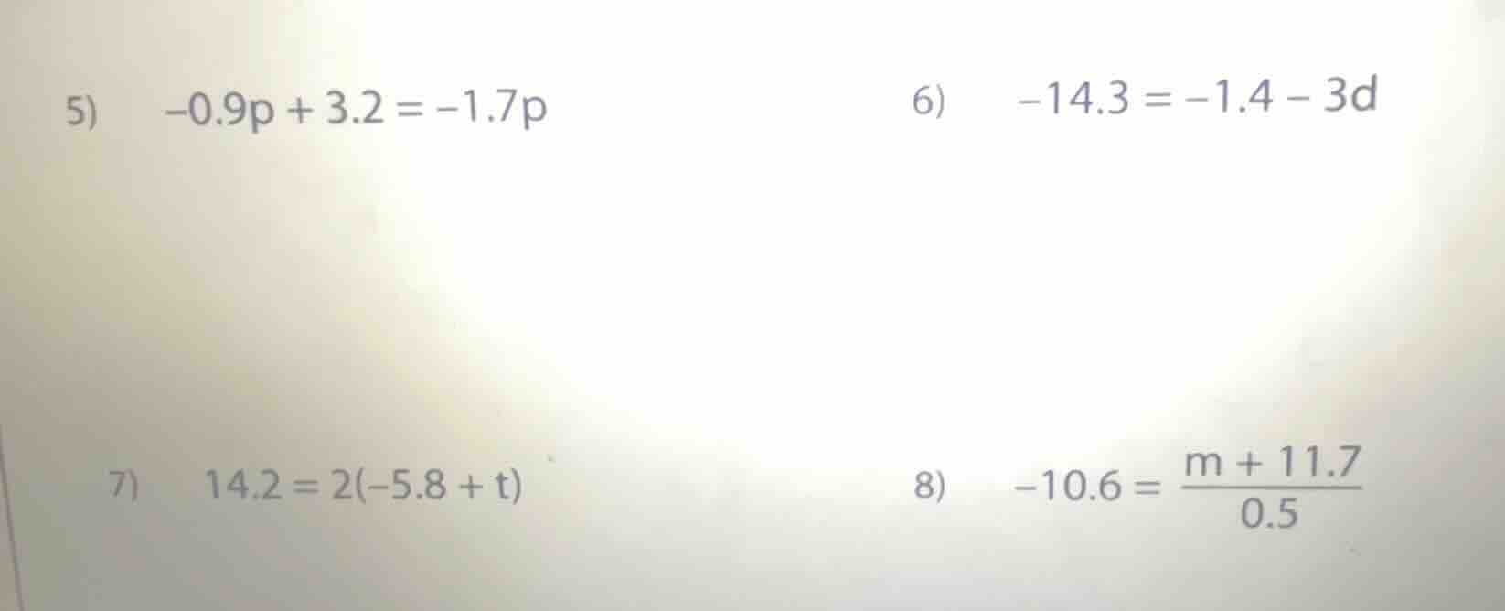 5) \\(-0.9p + 3.2 = -1.7p\\) 6) \\(-14.3 = -1.4 - 3d\\) 7) \\(14.2 = 2(…