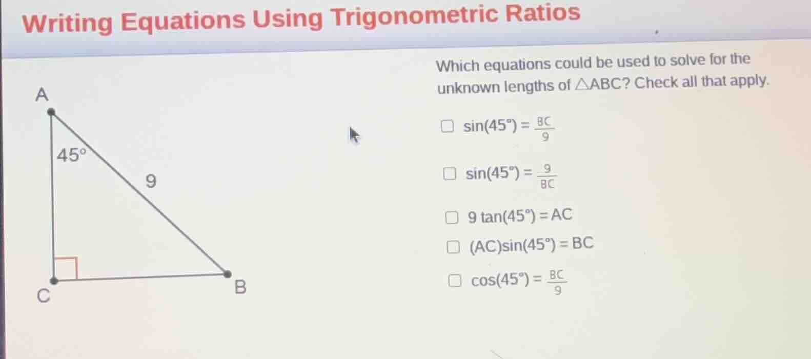 writing equations using trigonometric ratios which equations could be u…