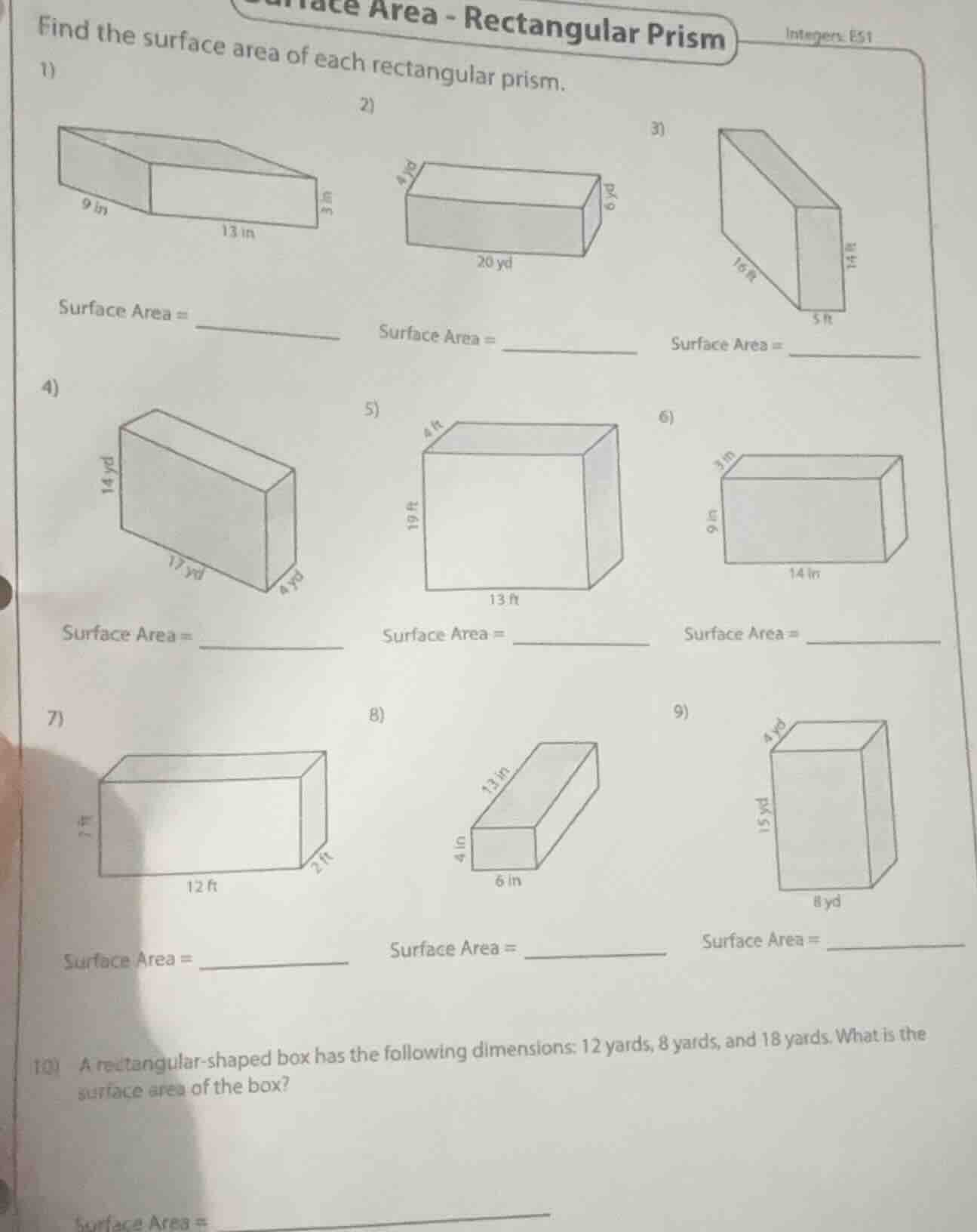 surface area - rectangular prism integers: e51 find the surface area of…