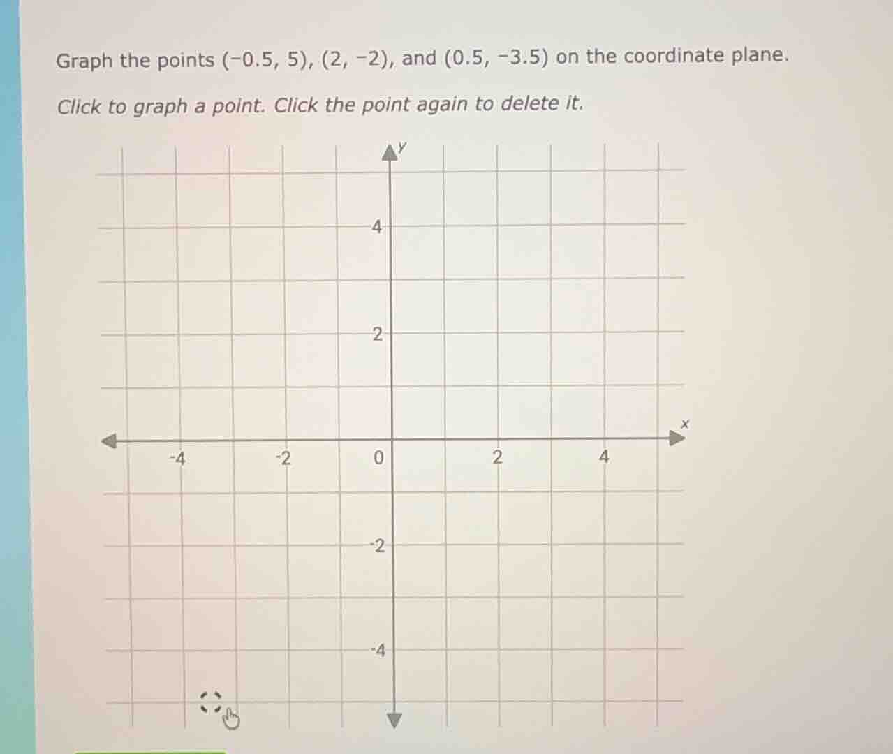 graph the points (-0.5, 5), (2, -2), and (0.5, -3.5) on the coordinate …