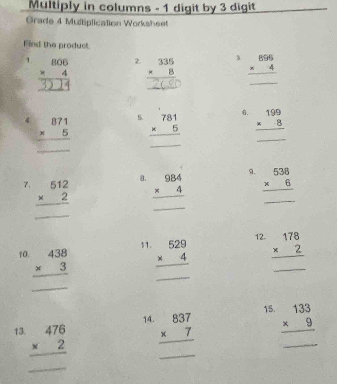 multiply in columns - 1 digit by 3 digit grades 4 multiplication worksh…