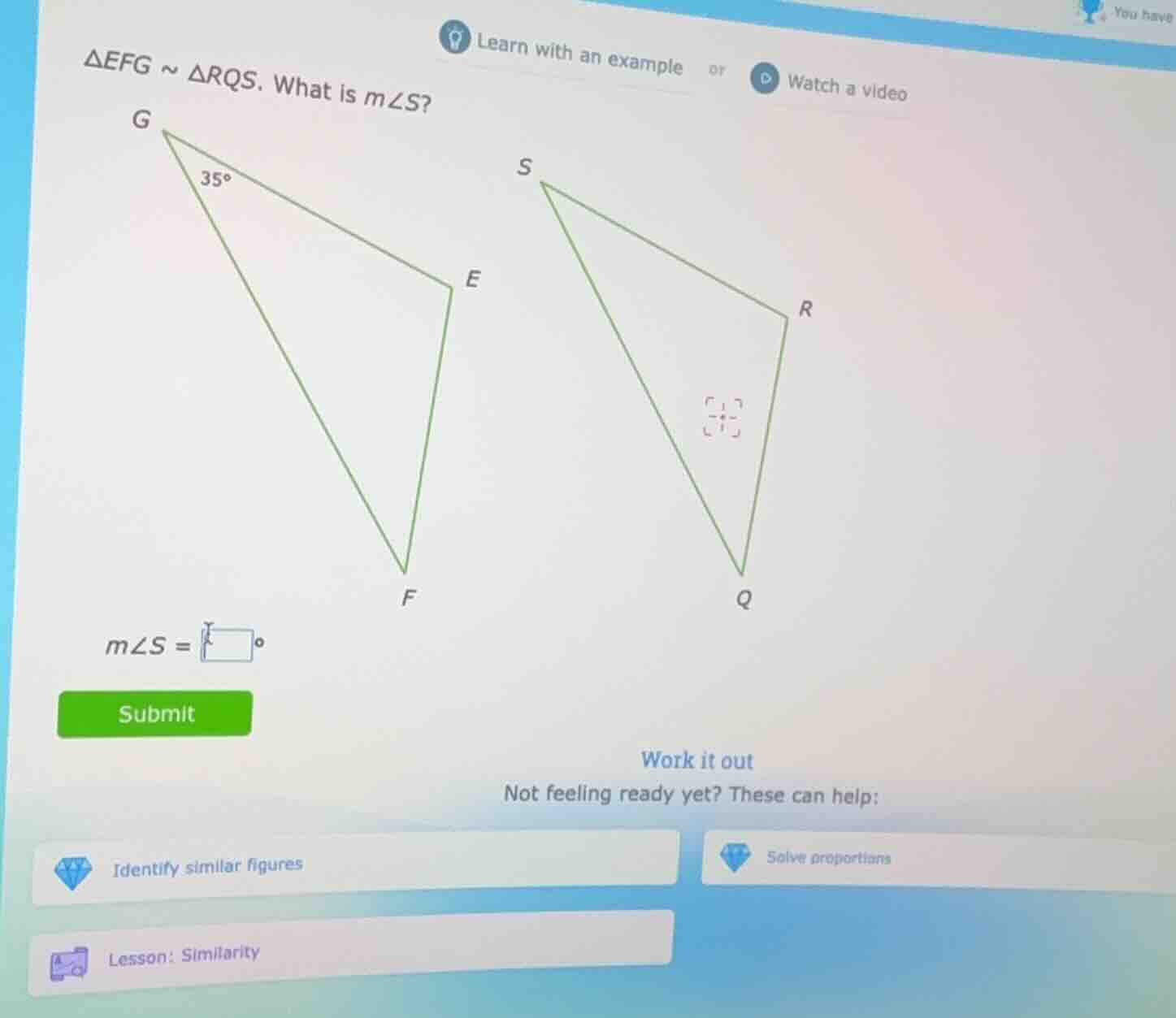 $\\triangle efg \\sim \\triangle rqs$. what is $m\\angle s$? $m\\angle …
