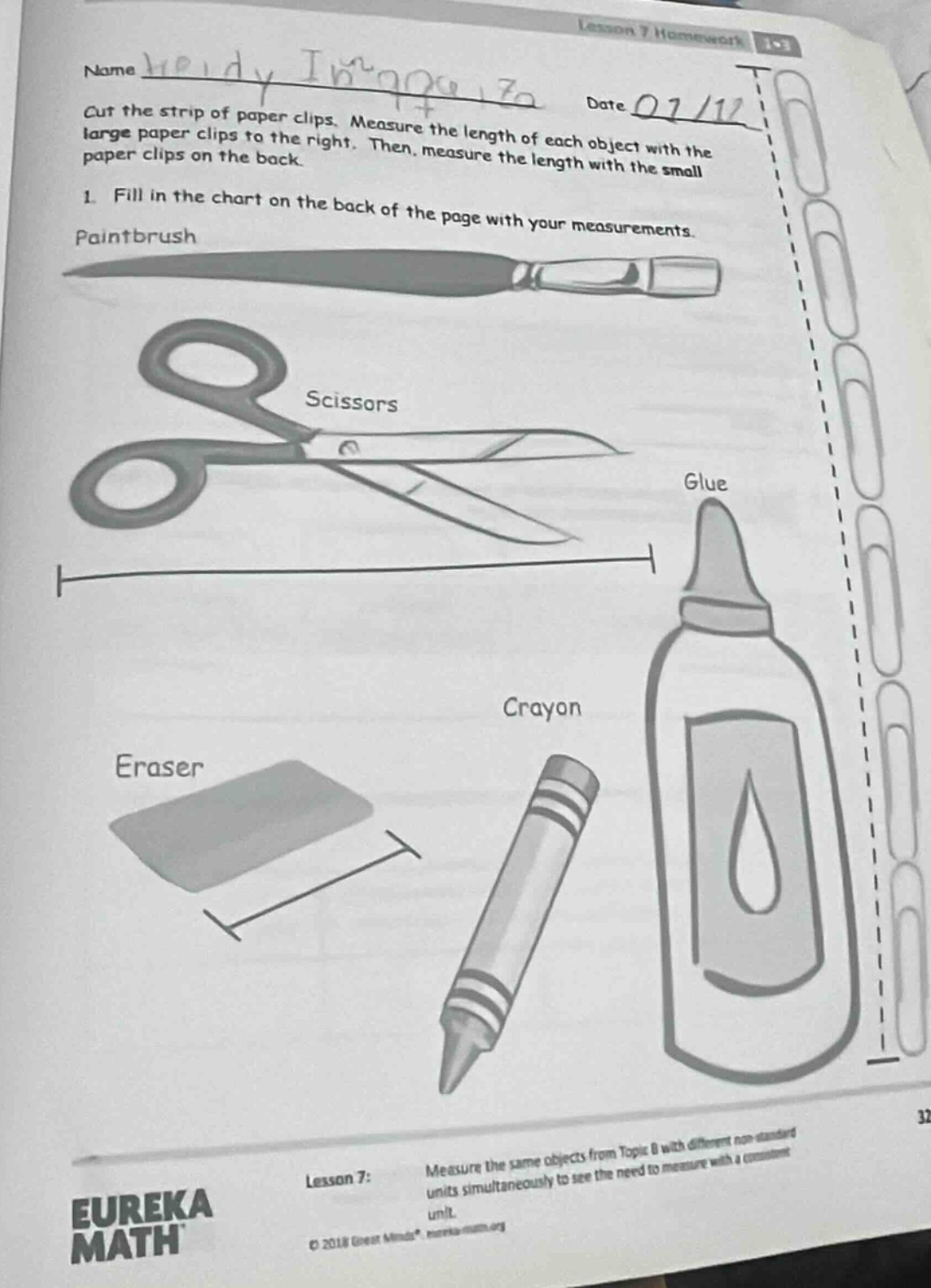 lesson 7 homework 1•3 name date cut the strip of paper clips. measure t…