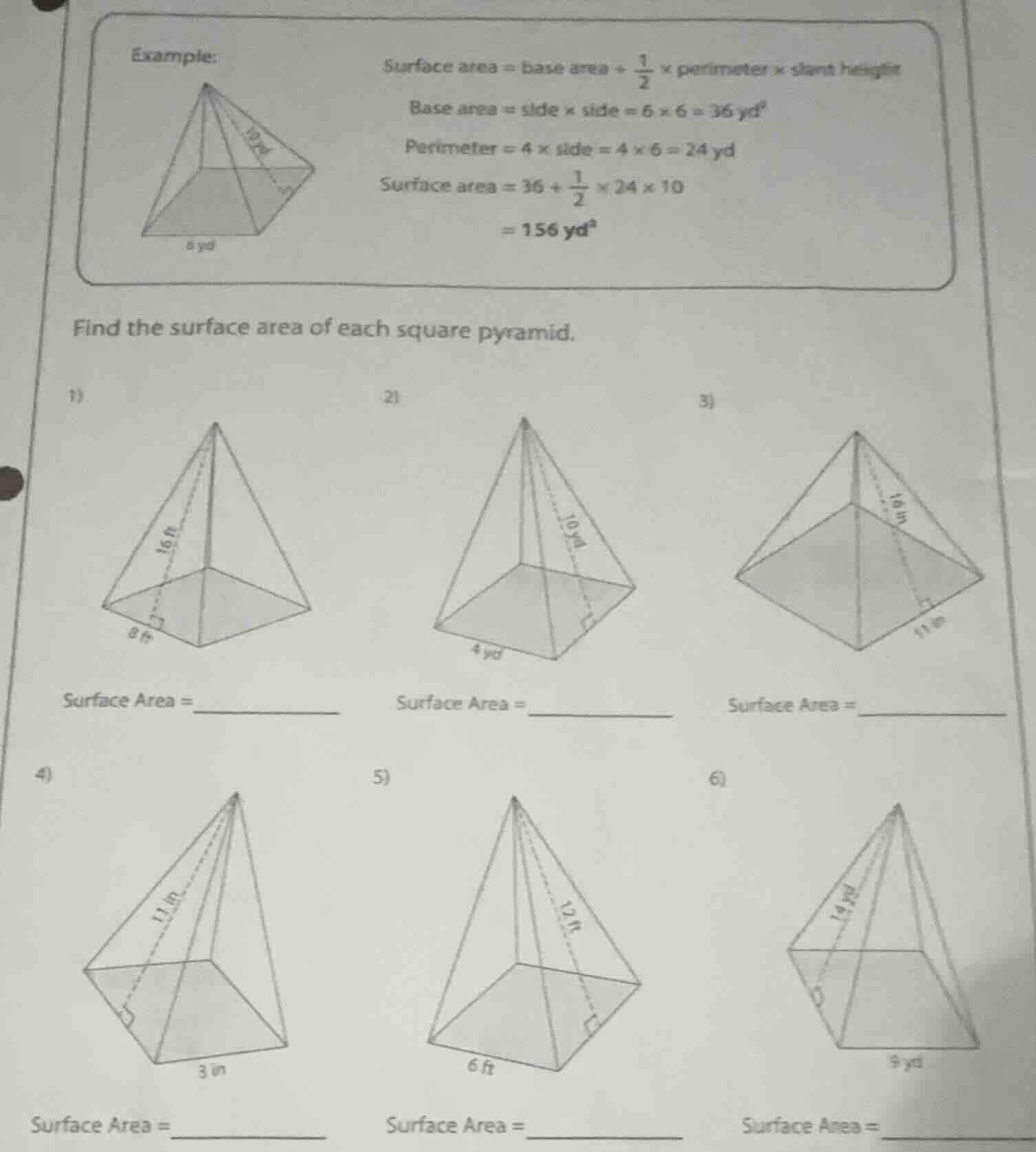 example: surface area = base area + \\(\\frac{1}{2}\\) × perimeter × sl…