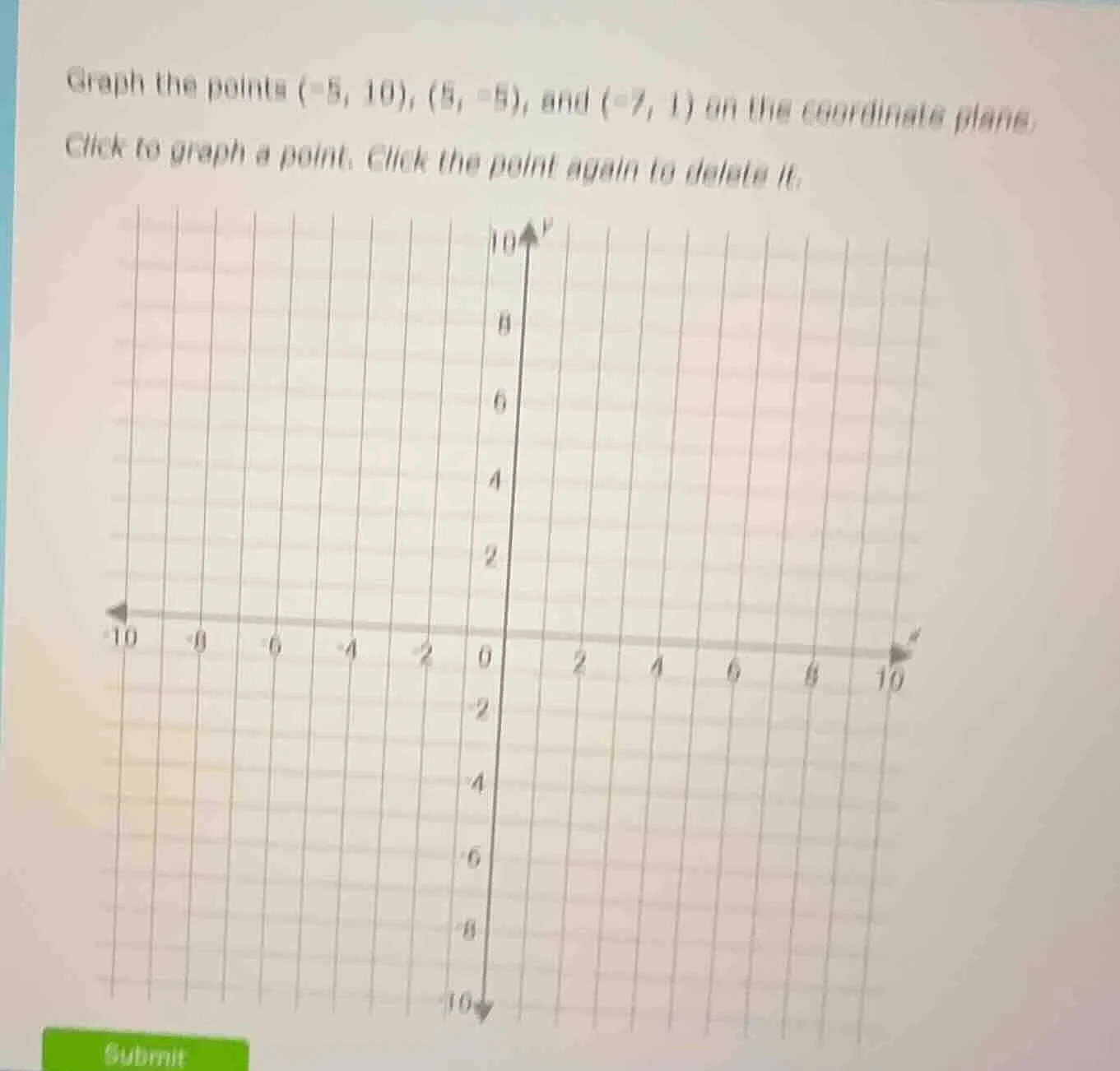 graph the points (-5, 10), (5, -5), and (-7, 1) on the coordinate plane…