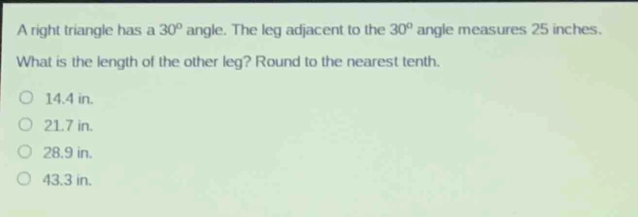 a right triangle has a $30^\\circ$ angle. the leg adjacent to the $30^\…