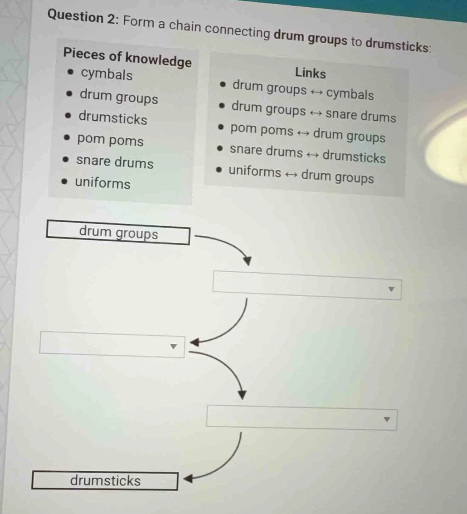 question 2: form a chain connecting drum groups to drumsticks: pieces o…