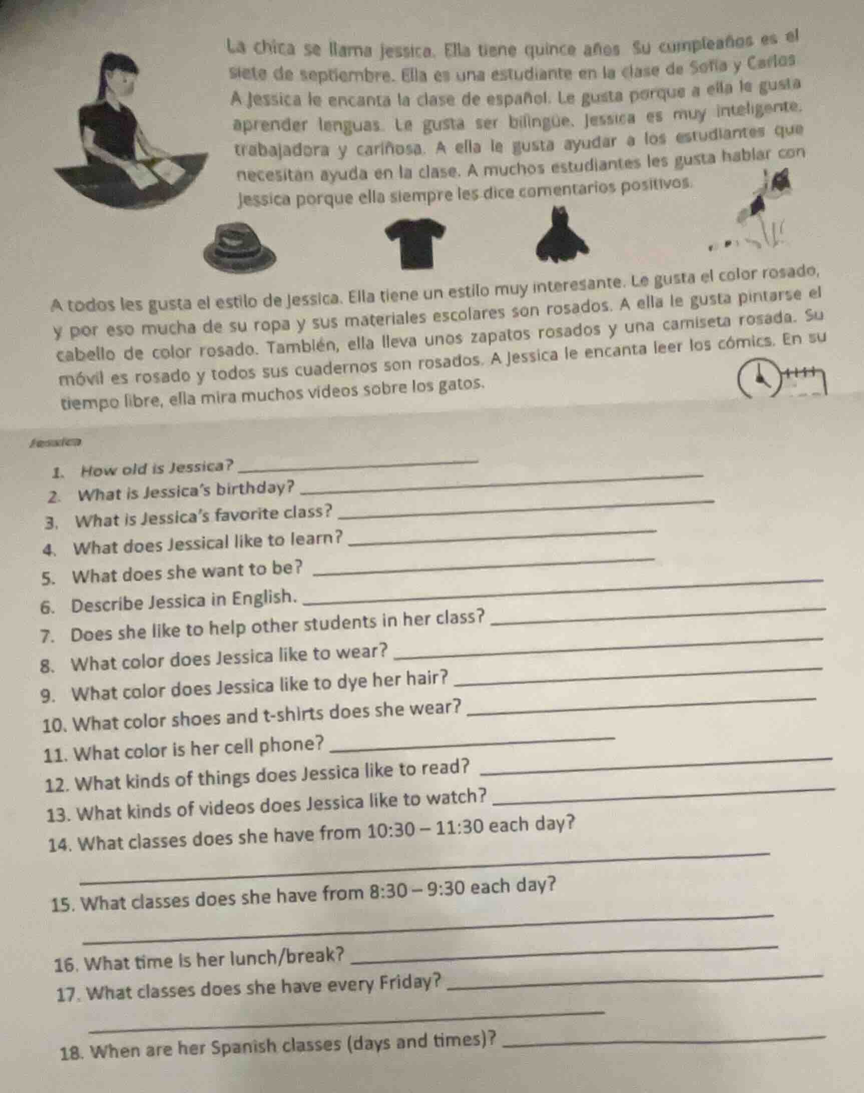 la chica se llama jessica. ella tiene quince años. su cumpleaños es el …