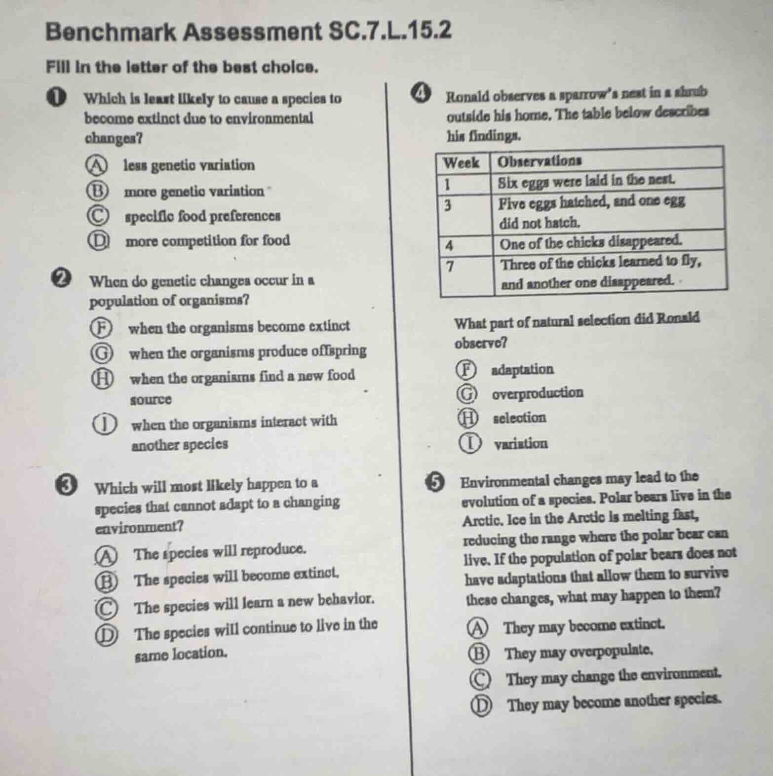 benchmark assessment sc.7.l.15.2 fill in the letter of the best choice.…