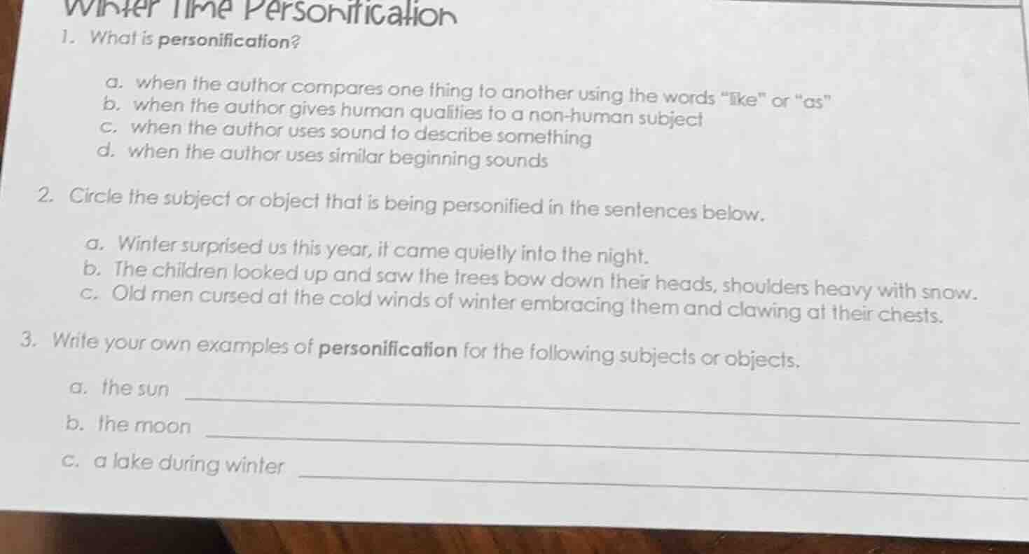 winter time personification 1. what is personification? a. when the aut…