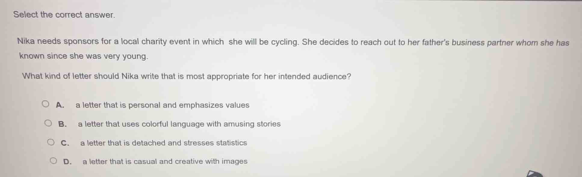 select the correct answer. nika needs sponsors for a local charity even…