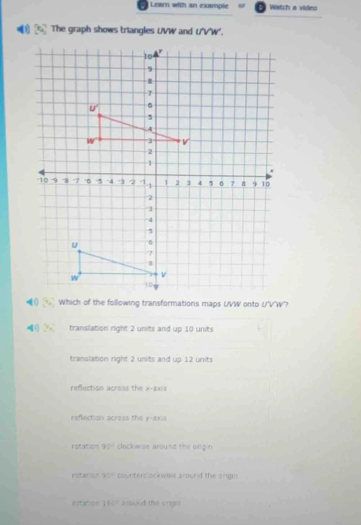 the graph shows triangles uvw and uvw. which of the following transform…