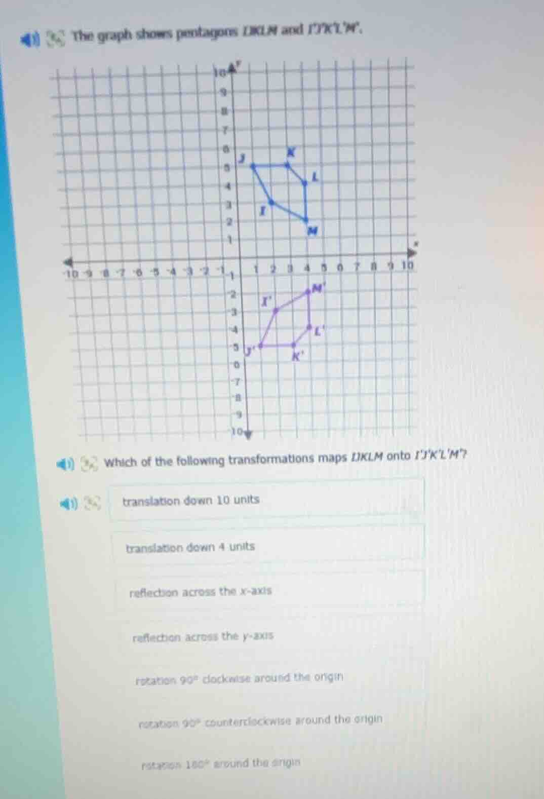 the graph shows pentagons ijklm and ijklm. which of the following trans…