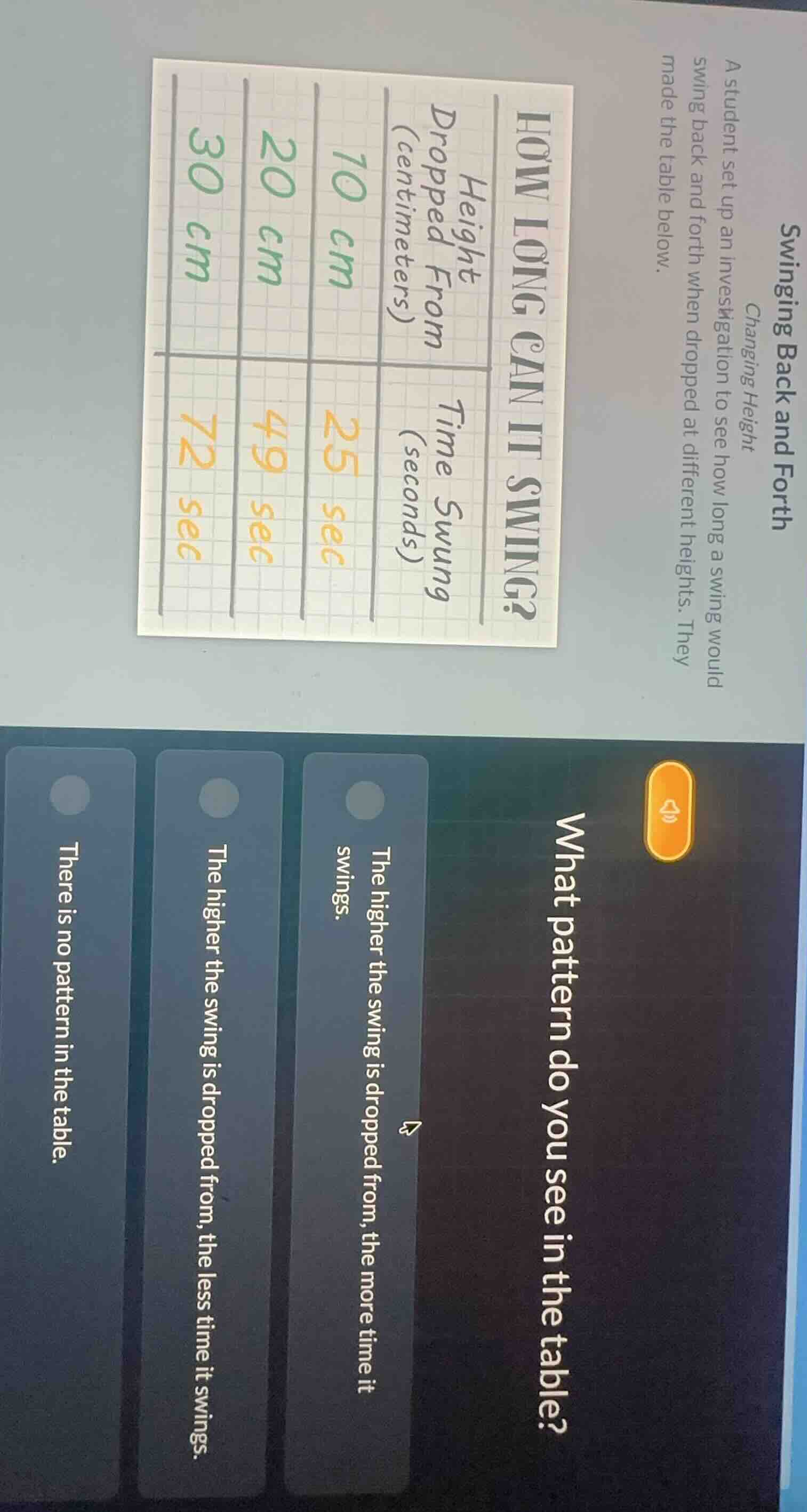 swinging back and forth changing height a student set up an investigati…