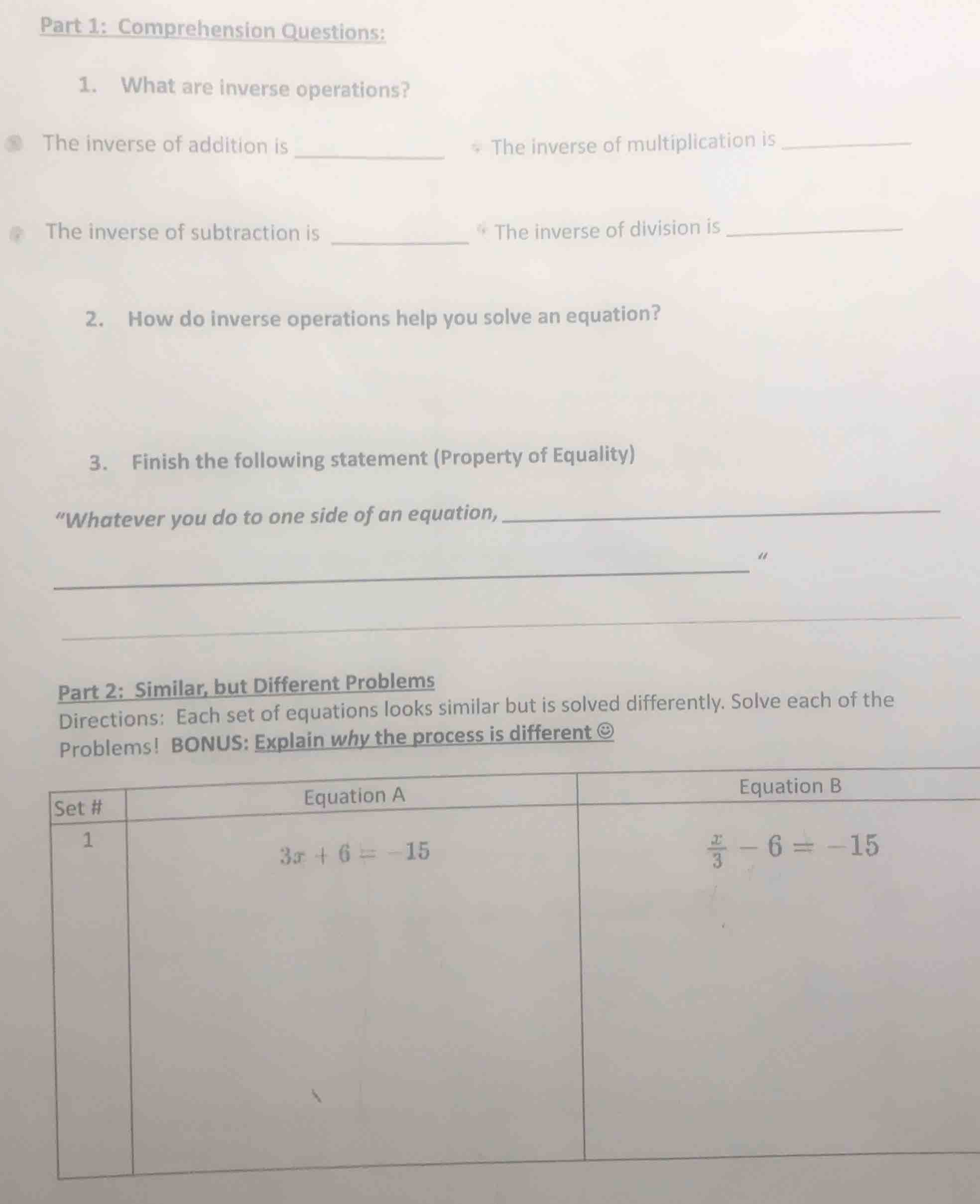 part 1: comprehension questions: 1. what are inverse operations? the in…