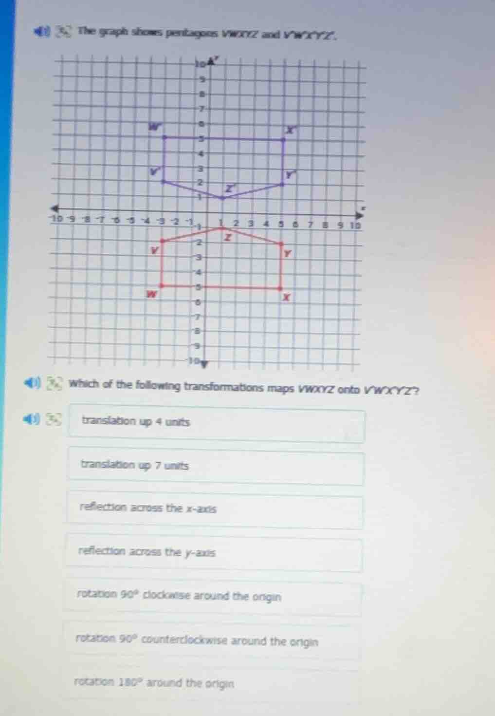 the graph shows pentagons vwxyz and vwxyz. which of the following trans…