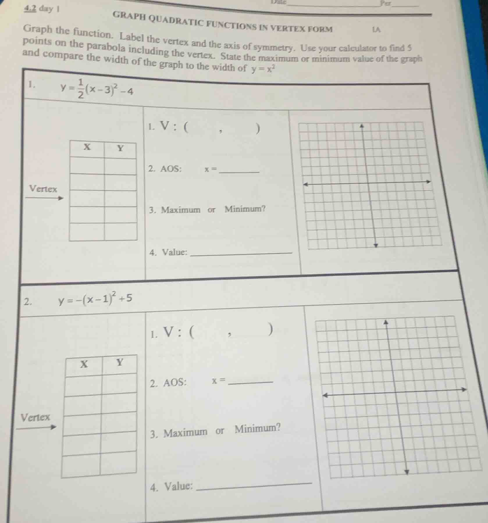 4.2 day 1 graph quadratic functions in vertex form ia graph the functio…