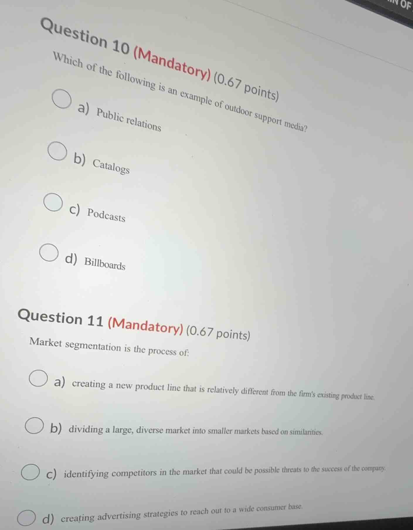 question 10 (mandatory) (0.67 points) which of the following is an exam…