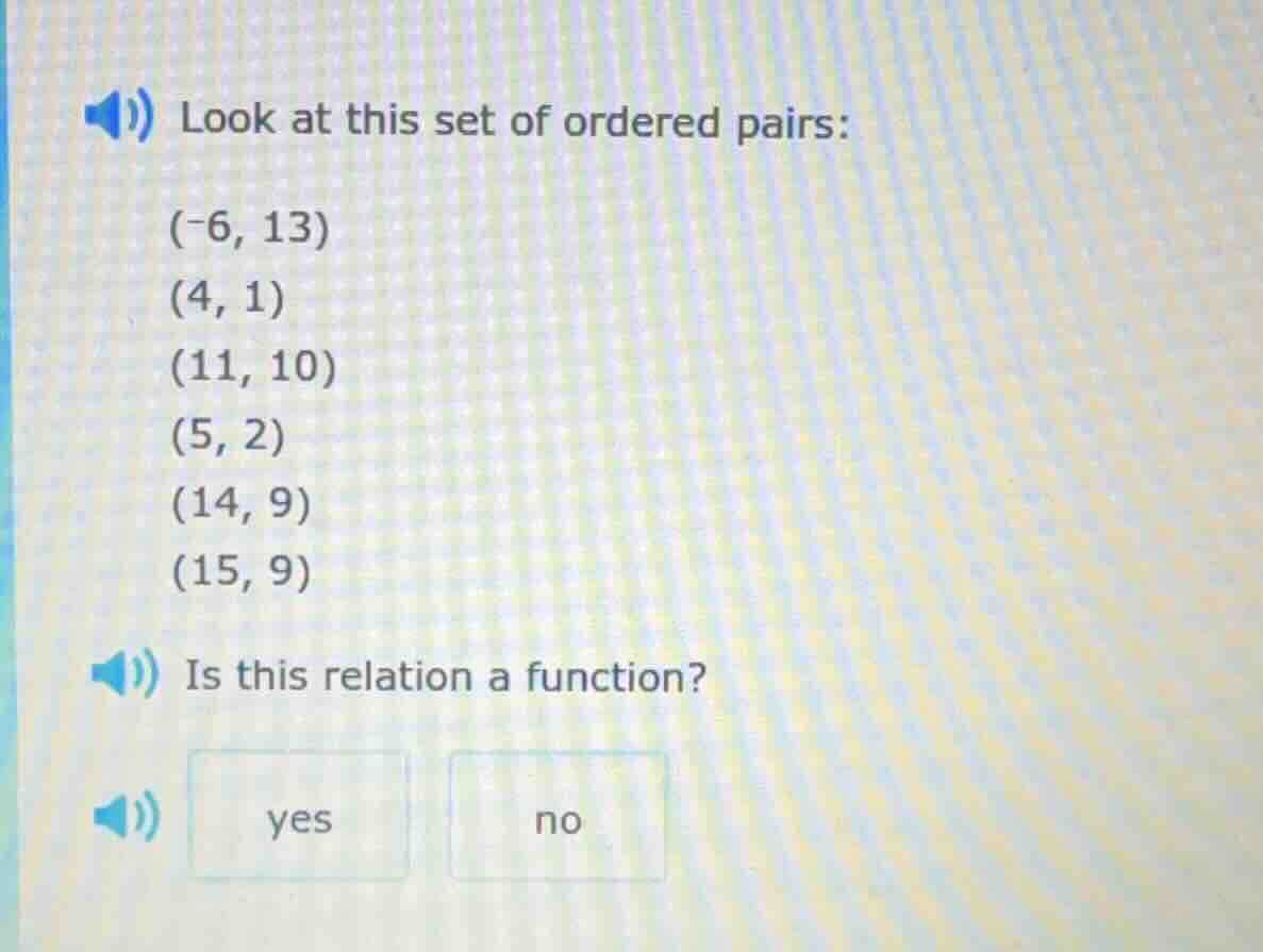 look at this set of ordered pairs: (-6, 13) (4, 1) (11, 10) (5, 2) (14,…