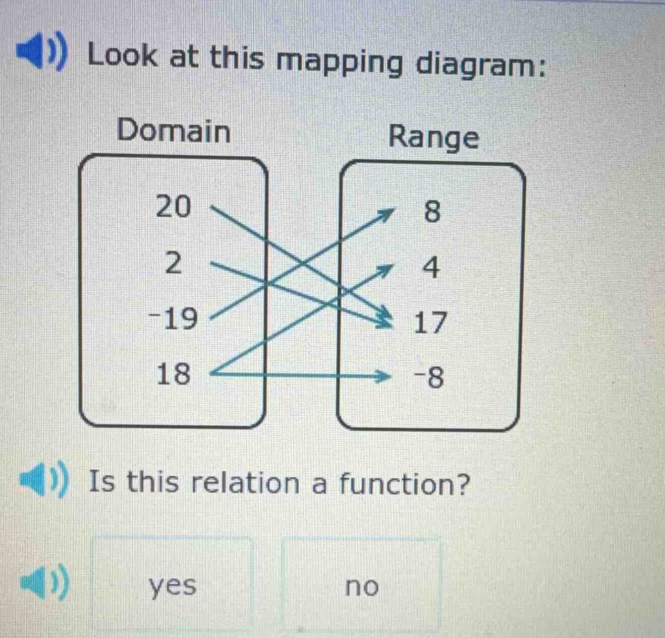 look at this mapping diagram: domain 20 2 -19 18 range 8 4 17 -8 is thi…