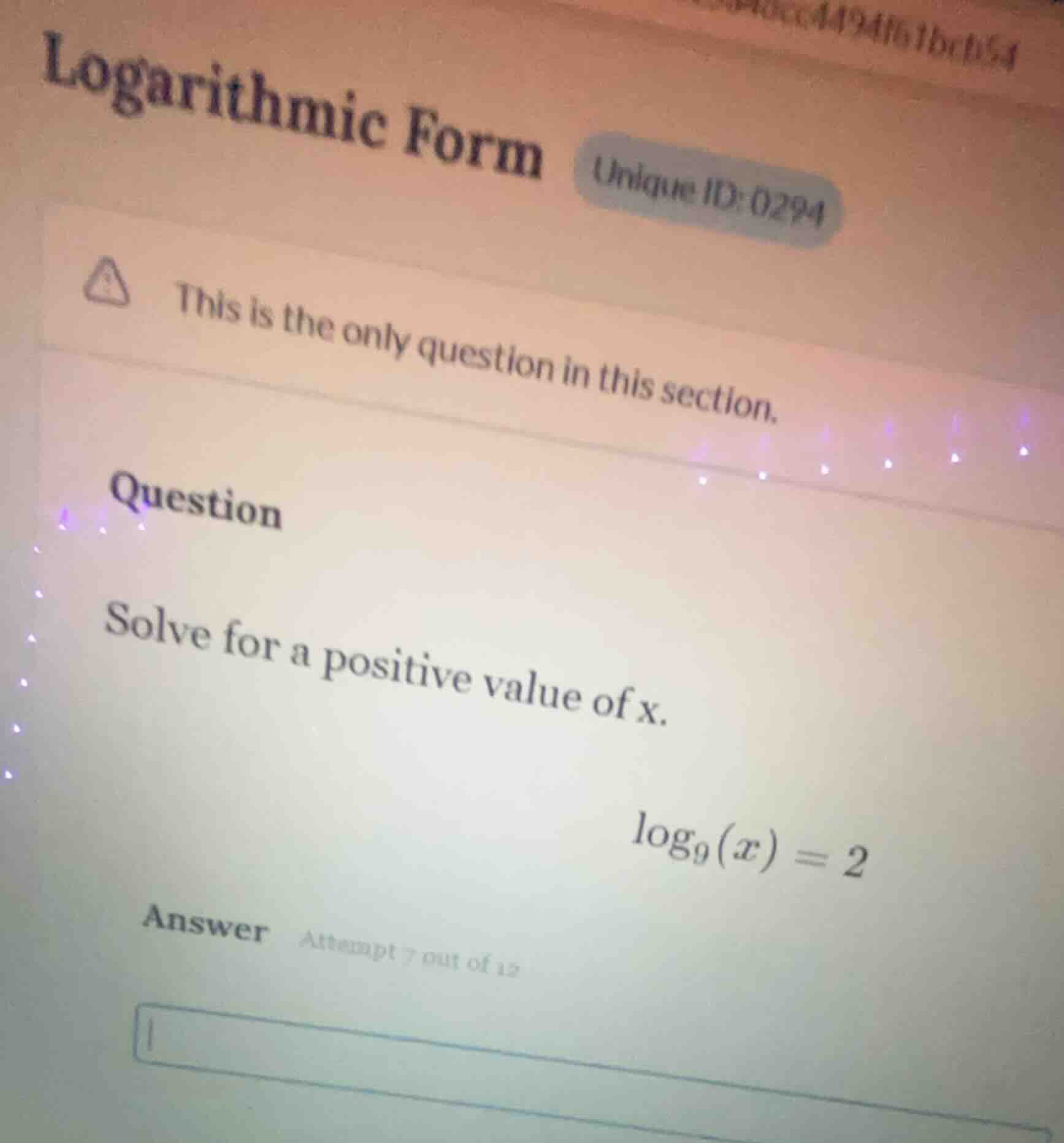 logarithmic form (unique id: 0294) this is the only question in this se…