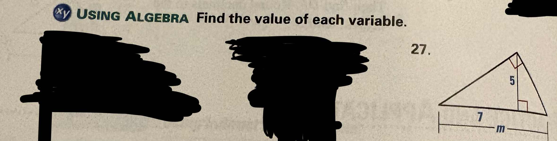using algebra find the value of each variable. 27. (there is a right tr…