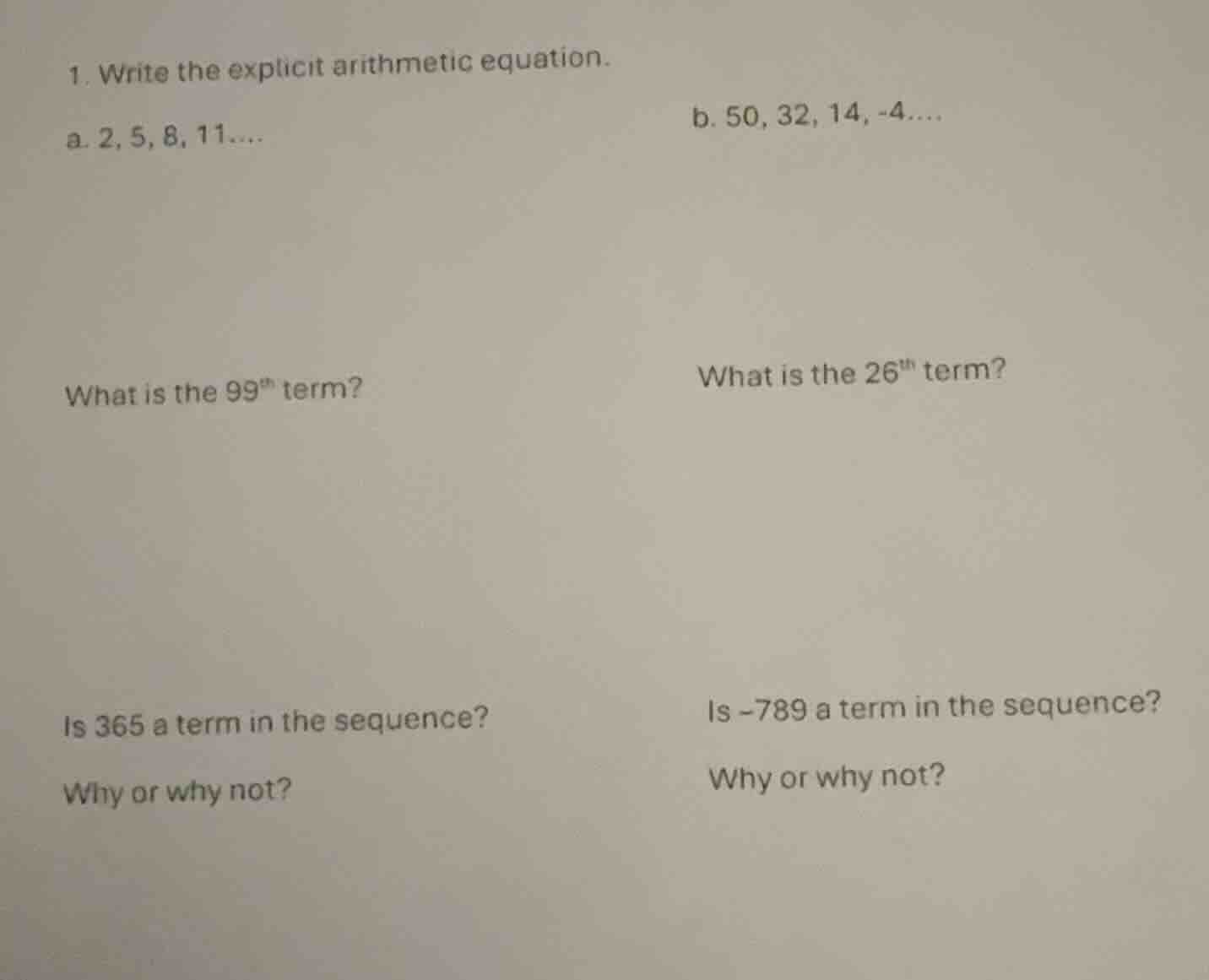 1. write the explicit arithmetic equation. a. 2, 5, 8, 11.... what is t…