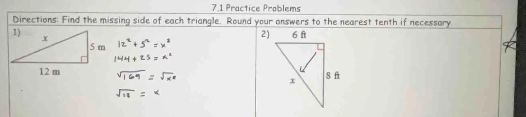 7.1 practice problems directions: find the missing side of each triangl…