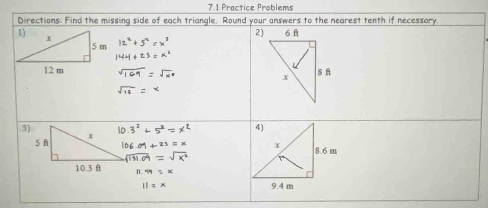 7.1 practice problems directions: find the missing side of each triangl…